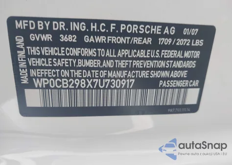 2007 Porsche Boxster S from USA, damaged, VIN WP0CB298X7U730917